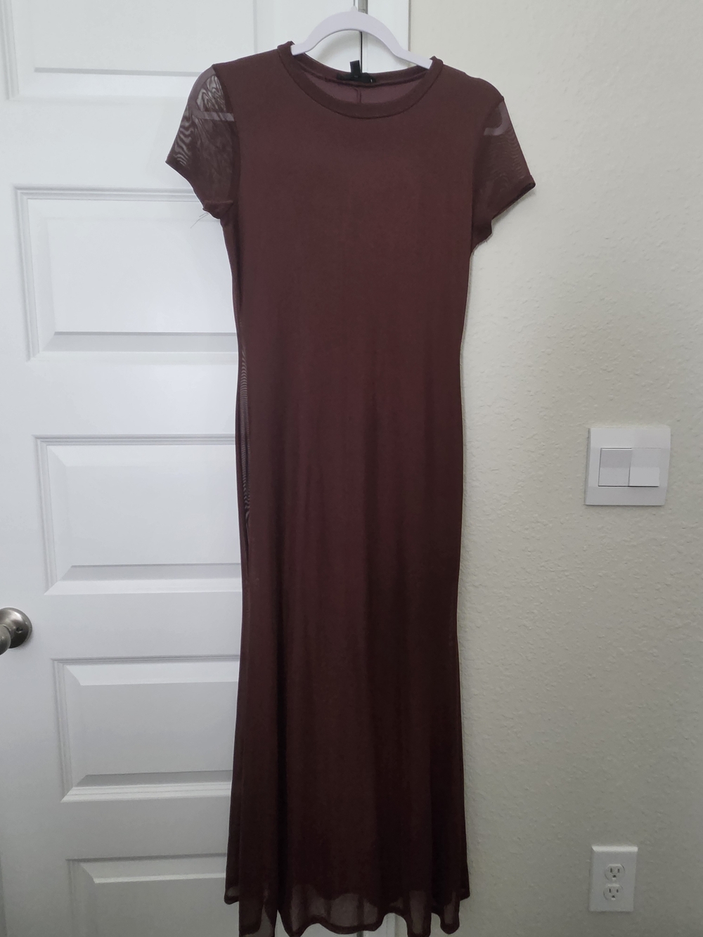 See You Monday Brown Short Sleeve Mesh-Detail Maxi Dress